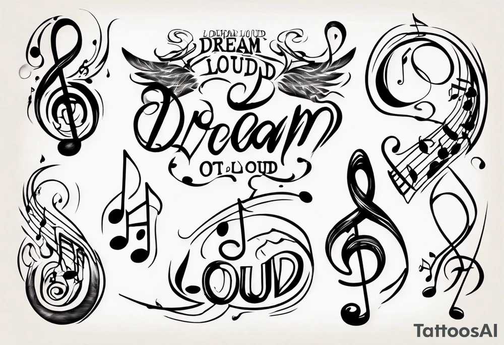 Musical notes and lines with the phrase Dream Out Loud tattoo idea