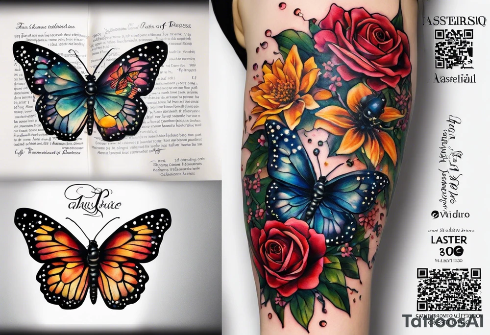 please make a Gemini constellation made of roses, Sagittarius constellation made from Chrysanthemum flowers, Virgo constellation made of Aster flowers, Taurus constellation made from Lily of the Valley flowers all tied together in an arm sleeve tattoo with 4 realistic lady bugs scattered throughout, one realistic butterfly, one realistic cassette tape with the following written on it for song list: #1 "you are my sunshine-3:15"
#2 "3 little birds-12:14"
#3 "twinkle twinkle little star-6:25"
#4 "ABC's-12:00"
Also include a polaroid picture of a realistic view of "the tree of life" symbol with the following coordinates written on the bottom:
61.2547° N, 149.6932° W
61.2547° N, 149.6932° W
43.6355° N, 84.2608° W
42.278046°N, -83.738220W

Also include a realistic skull tied in to the flowers and back ground tattoo idea