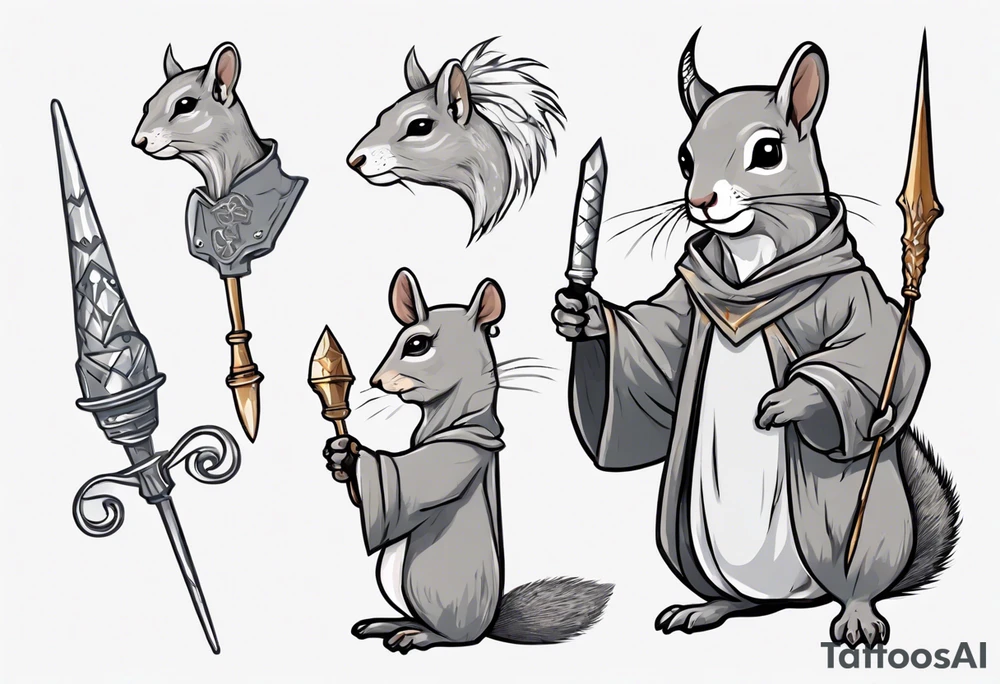 a grey squirrel dressed in a medieval tunic holding a silver unicorn horn spear tattoo idea