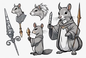 a grey squirrel dressed in a medieval tunic holding a silver unicorn horn spear tattoo idea