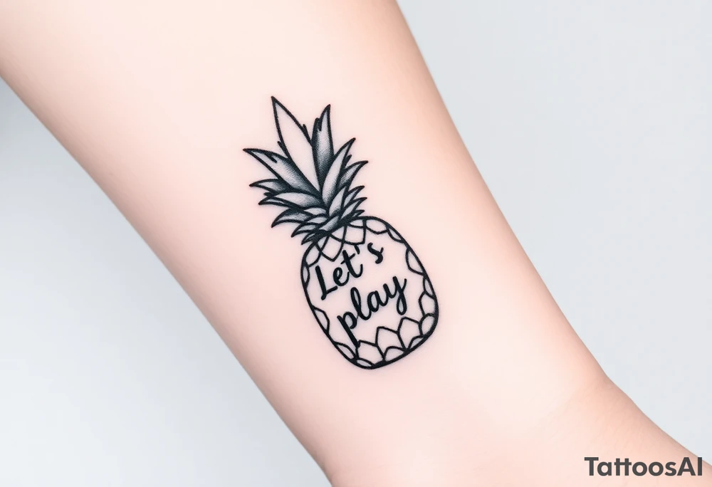 A black ink wrist tattoo featuring a realistic yet minimalistic pineapple. The pineapple is finely detailed with clean, precise lines, capturing the natural texture of the fruit while keeping the design subtle and uncluttered. Inside the body of the pineapple, the phrase "Let's play" is clearly placed in a bold but not overly thick font, ensuring readability while maintaining balance with the overall design. The leaves of the pineapple have a fine-line style with slight variations in thickness for a natural feel. The tattoo blends fine details with subtle bold elements, creating a clean and modern aesthetic. tattoo idea