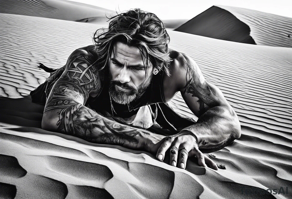 man crawling in a desert reaching to the cross of Christ tattoo idea
