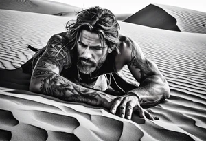 man crawling in a desert reaching to the cross of Christ tattoo idea
