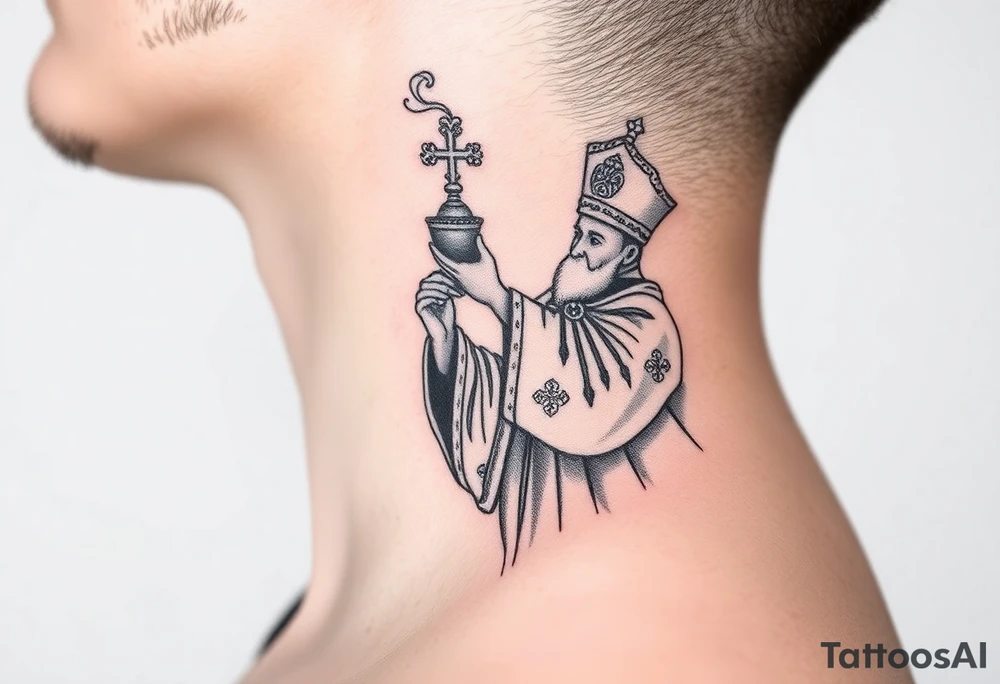 Russian Orthodox Priest in fully detailed vestment swinging a censer with smoke curling upward tattoo idea