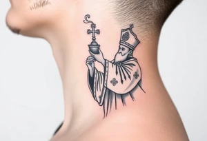 Russian Orthodox Priest in fully detailed vestment swinging a censer with smoke curling upward tattoo idea