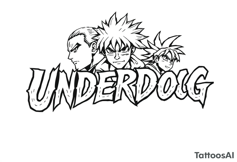 the word underdog in a with 3 anime characters Hajime no Ippo and Naruto and son Goku tattoo idea