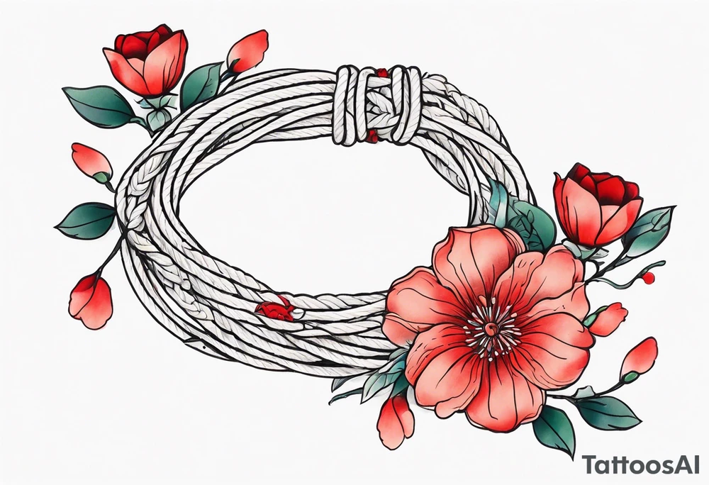 rope made out of vine in a cricle with 生涯の兄弟 in the middle with light red majestic flowers around for the bottom wrist tattoo idea