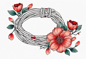 rope made out of vine in a cricle with 生涯の兄弟 in the middle with light red majestic flowers around for the bottom wrist tattoo idea