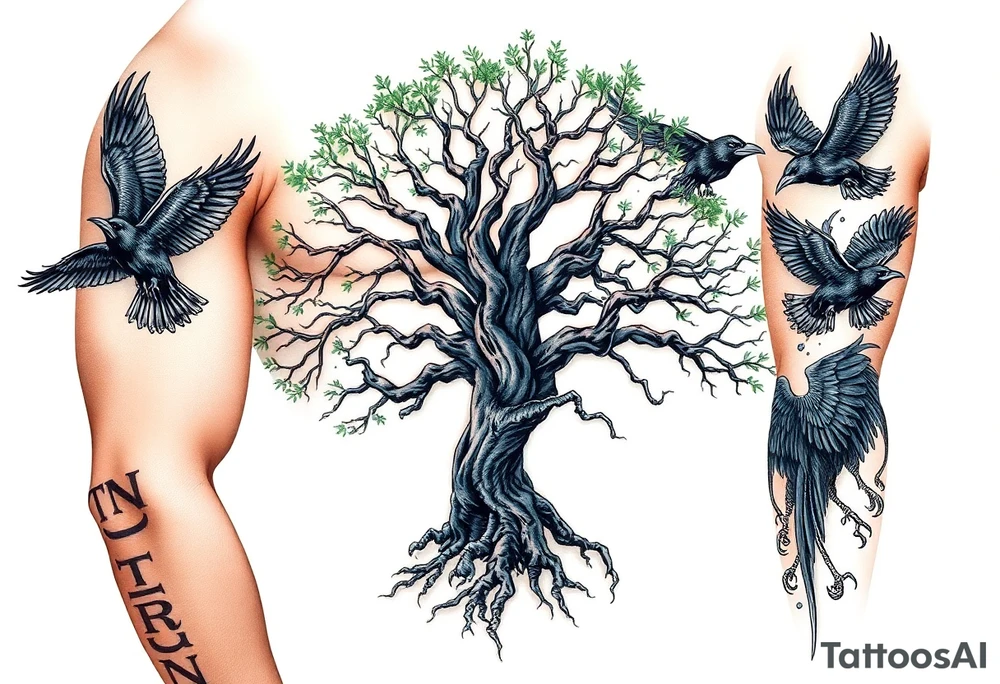 The Tree of Life, color infused, ravens flying around it, tattoo idea