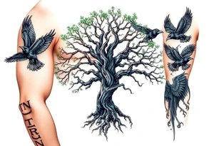 The Tree of Life, color infused, ravens flying around it, tattoo idea