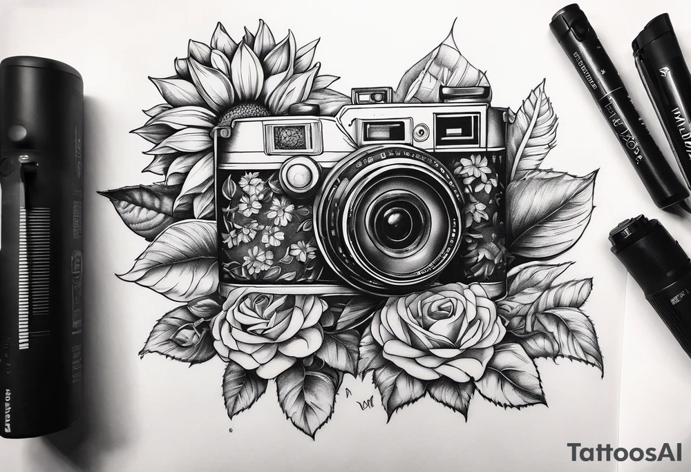 Sunflower, camera, book, owl, flower rose tattoo idea