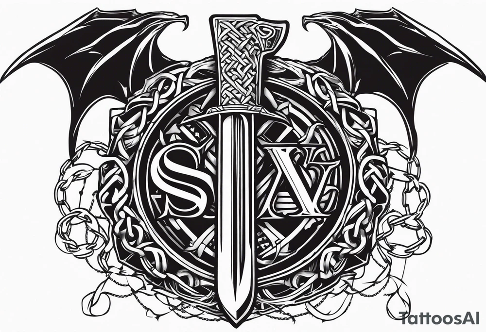 Valhalla sword shield dragon axe Valknut barbed wire chains tattoo idea Valhalla sword shield dragon axe Valknut barbed wire chains tattoo idea