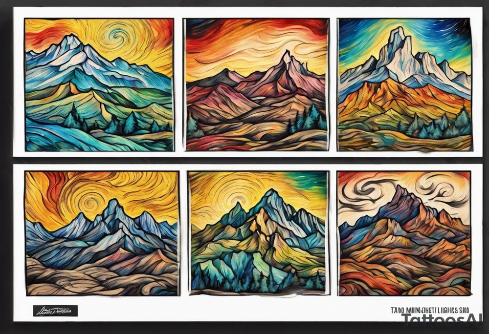Small tattoo of New Mexico mountains, Van Gogh style, vibrant colors, swirling brushstrokes, detailed peaks, high quality, Van Gogh style, vibrant colors, swirling brushstrokes, detailed, professional, atmospheric lighting tattoo idea