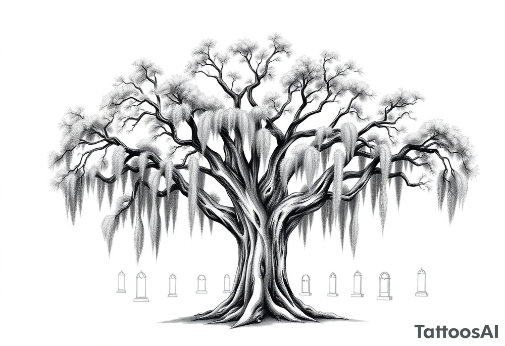 Oak tree with a lot of Spanish moss in a cemetery tattoo idea
