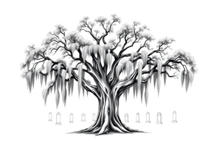 Oak tree with a lot of Spanish moss in a cemetery tattoo idea