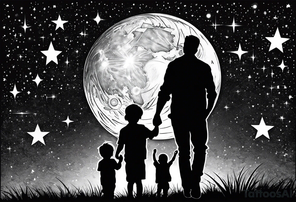 1 mom 1 dad  and 1 little kid walking looking the stars tattoo idea