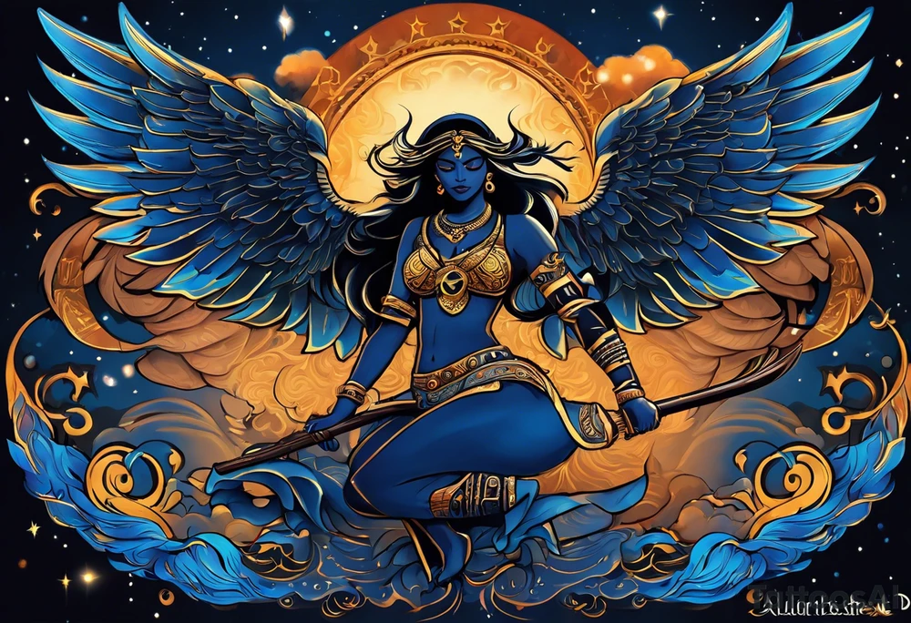 black kali, goddess pirate, alien, angel, pachamama, valkrye, warrior, flying, skull, lotus azul, wing, eagle, zenza resonance, stars, 5D, anahata chakra, death, durga, riding on a tiger, flying lady tattoo idea