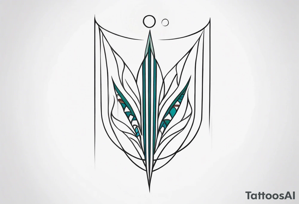 Bold geometric tapestry trident in colour on arm tattoo idea