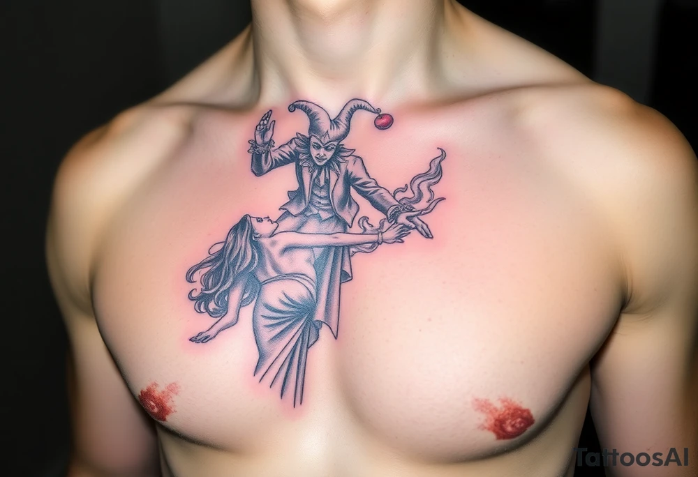 jester hovering over woman in smoke tattoo idea