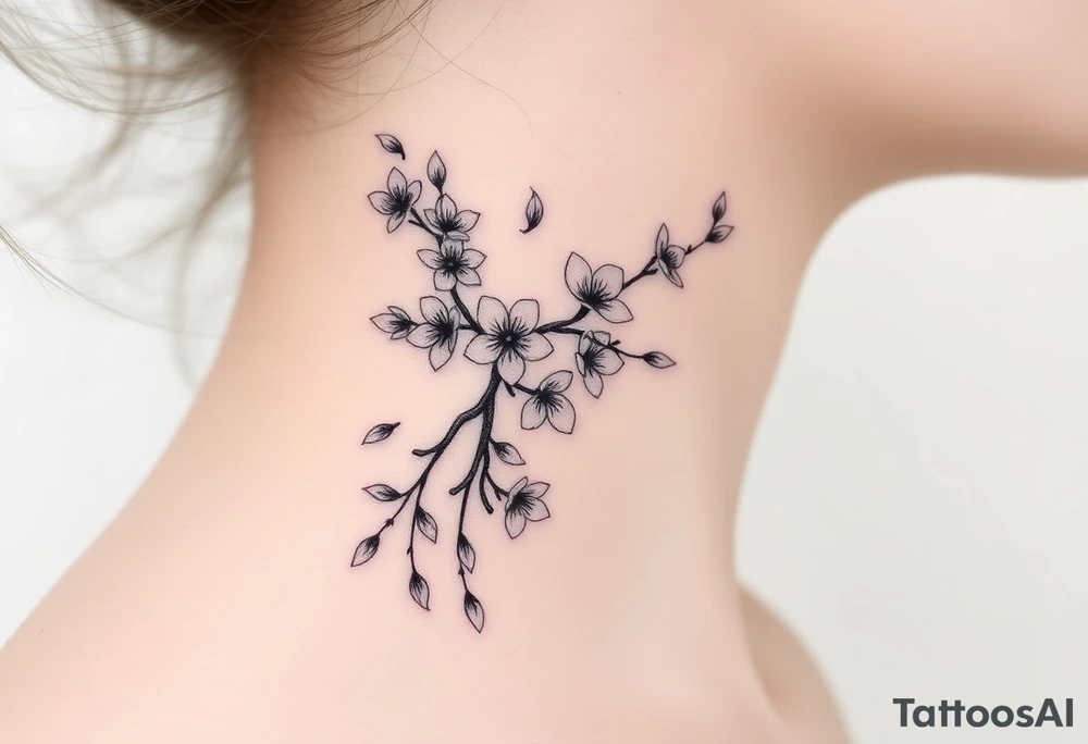 delicate cherry blossoms swirling in spring breeze with petals tattoo idea