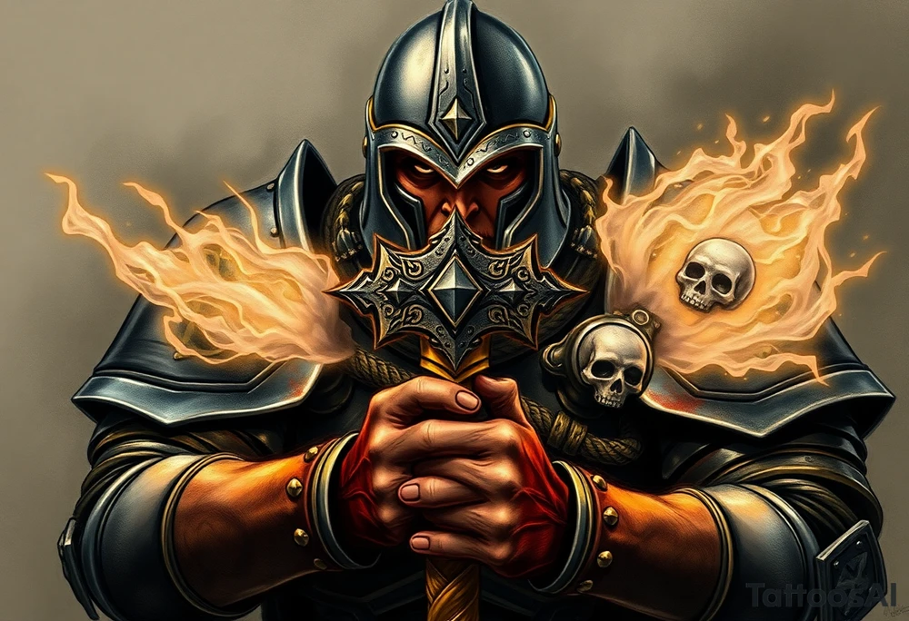 Warhammer, the Old World. A warrior priest of Sigmar holding The Warhammer of Sigmar. The Warhammer of Sigmar is radiating thunderous energy. The Warhammer is held by the warrior priest with both hands at the shaft with a firm grip, upon his chest level. The Warrior priest is wearing dark alloyed heavy armour (reference armor from warhammer vermintide 2 Victor Saltzpyres, the warrior priest of Sigmar class) with skull sigils on his shoulder pads. The warrior priest is wearing a helmet, while the helmets front visor has an humanoid face covering. The helmet and armour are gladened with hints of gold and crimson red. The Warhammer is silverish and golden with a long shaft with twisted carvings. tattoo idea