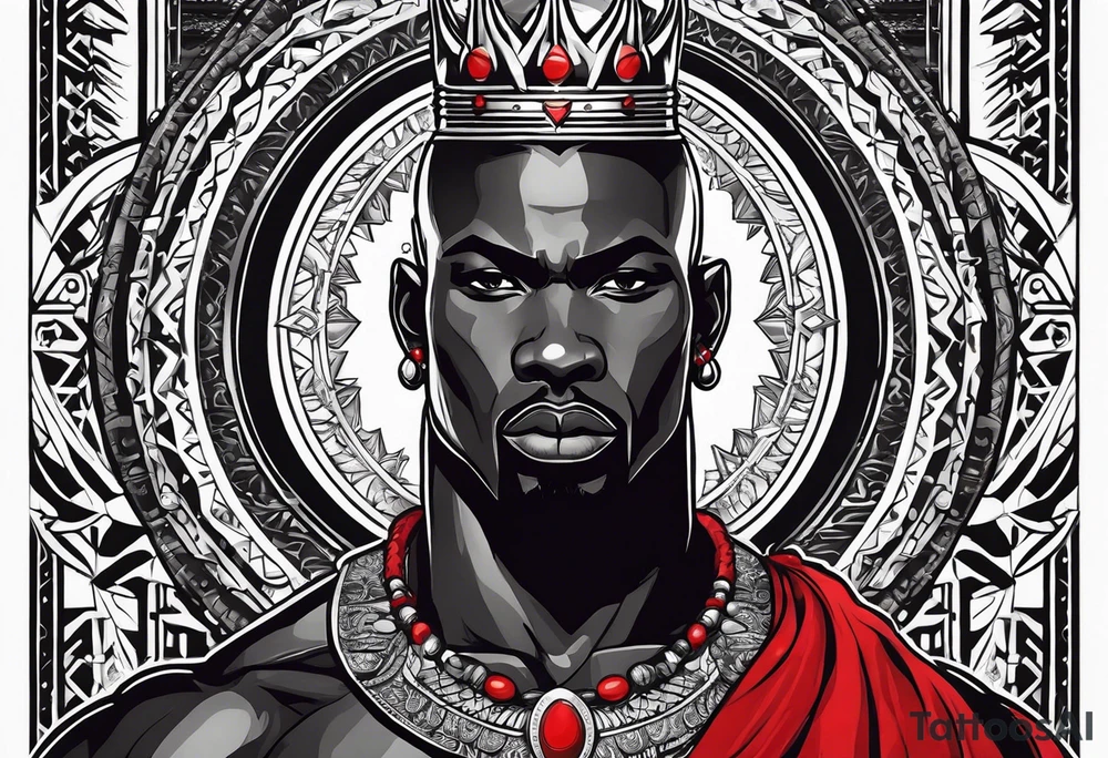 Black-skinned bald african warrior. He is a god of the war. Wears a simple red necklace and a silver crown tattoo idea