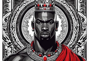 Black-skinned bald african warrior. He is a god of the war. Wears a simple red necklace and a silver crown tattoo idea