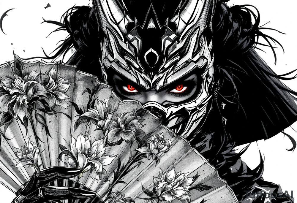 Woman samurai with red eyes wearing an half and broken kitsune mask, holding a japanese fan with Iris flowers tattoo idea
