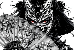 Woman samurai with red eyes wearing an half and broken kitsune mask, holding a japanese fan with Iris flowers tattoo idea