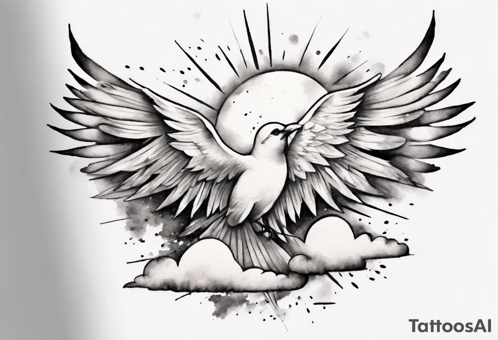 a shoulder tattoo with lots of rays of light in gradient starting from the middle
, clouds and birds flying free tattoo idea