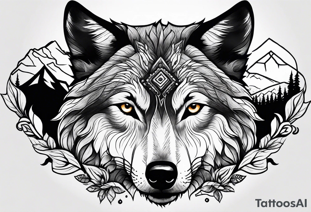 Mountains, wolf eyes underneath tattoo idea