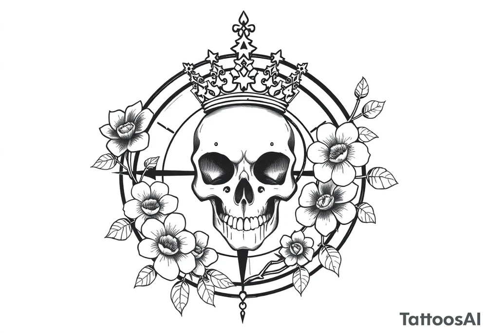 Compass with detailed beautiful gothic boho flowers on vine and skull with gorgeous crown tattoo idea