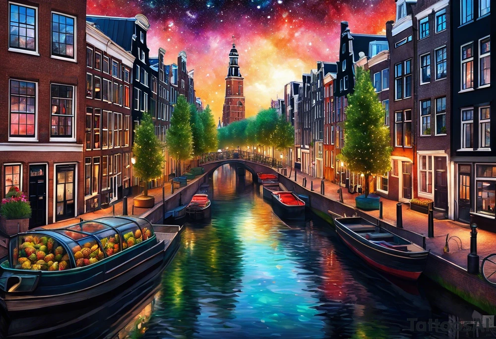 Animals, pineapples, stags, birds, foxes, Amsterdam, canal, Amsterdam buildings, Amsterdam canal, space, galaxy colours, universe tattoo idea