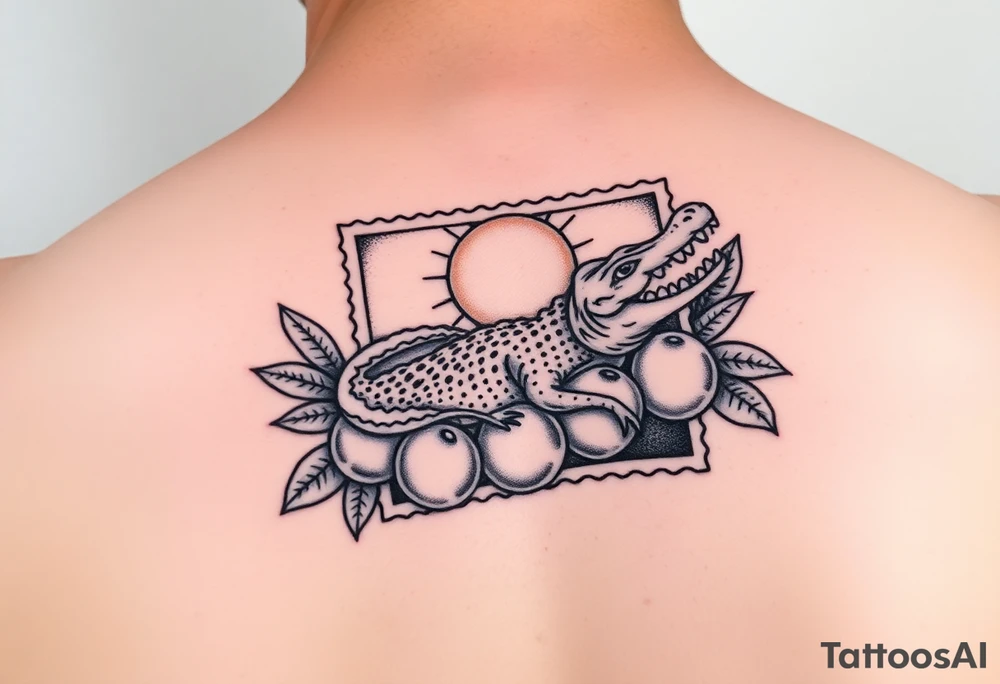 florida themed traditional tattoo with a gator, sun and oranges in a classic postage stamp square tattoo idea