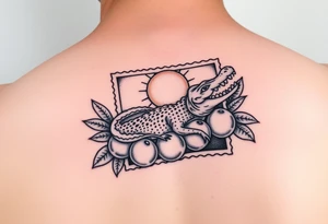 florida themed traditional tattoo with a gator, sun and oranges in a classic postage stamp square tattoo idea