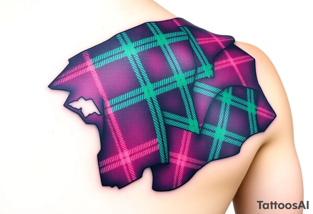 Dark Purple with green pink blue and white highlights tartan fabric with skin around edges peeling and wrapping around side of shoulder tattoo idea