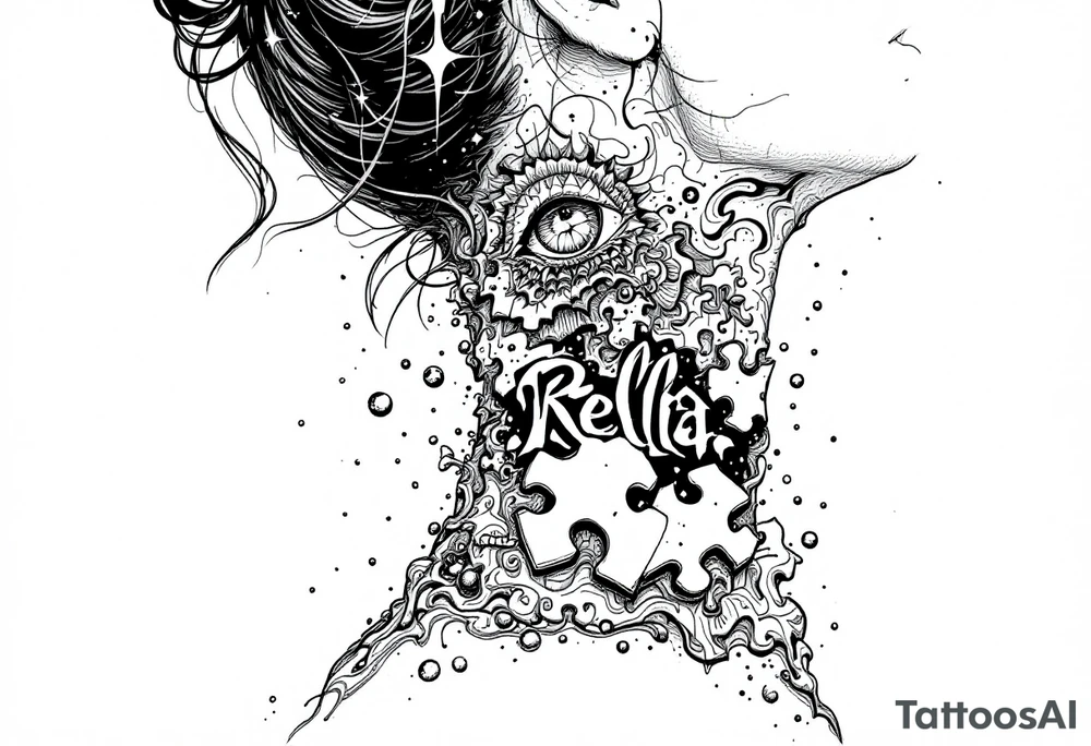 side of the neck puzzle piece tattoo where one of the pieces says Rella tattoo idea