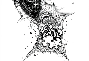 side of the neck puzzle piece tattoo where one of the pieces says Rella tattoo idea