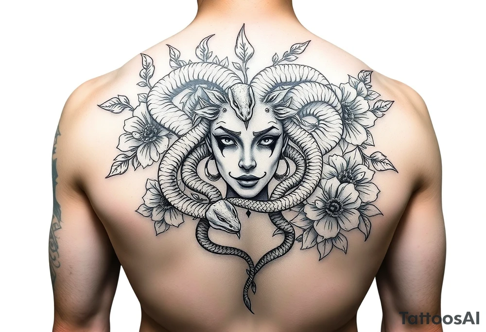 Medusa with snakes and flowers tattoo idea