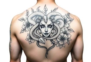 Medusa with snakes and flowers tattoo idea