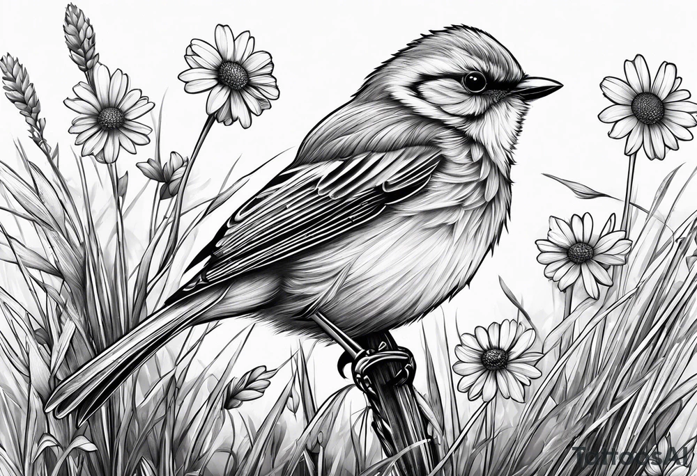 little bird perched on tall grass in a daisy tattoo idea