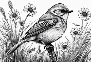 little bird perched on tall grass in a daisy tattoo idea