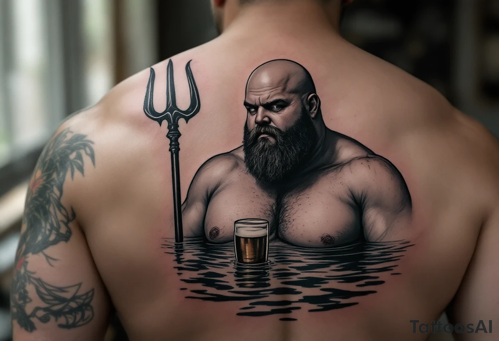 Gay fat guy, with no facial hairs, with trident, half way in calm water, with a beer tattoo idea