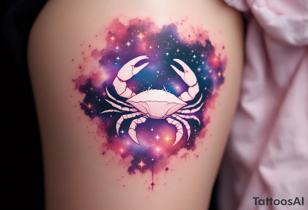 A pale crab silhouette floats within an ethereal pink and violet galaxy containing the Cancer stars constellation above tattoo idea