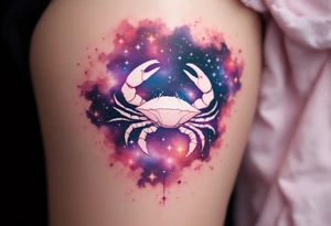 A pale crab silhouette floats within an ethereal pink and violet galaxy containing the Cancer stars constellation above tattoo idea
