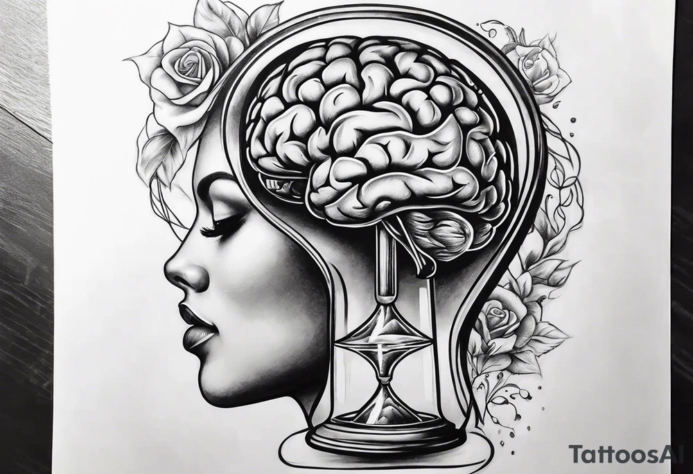 Human realistic brain inside hourglass tattoo idea