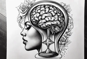 Human realistic brain inside hourglass tattoo idea