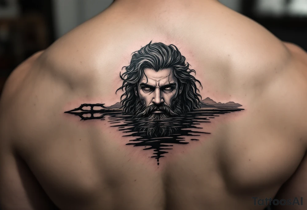 Poseidon half way under calm water with trident at sunset tattoo idea