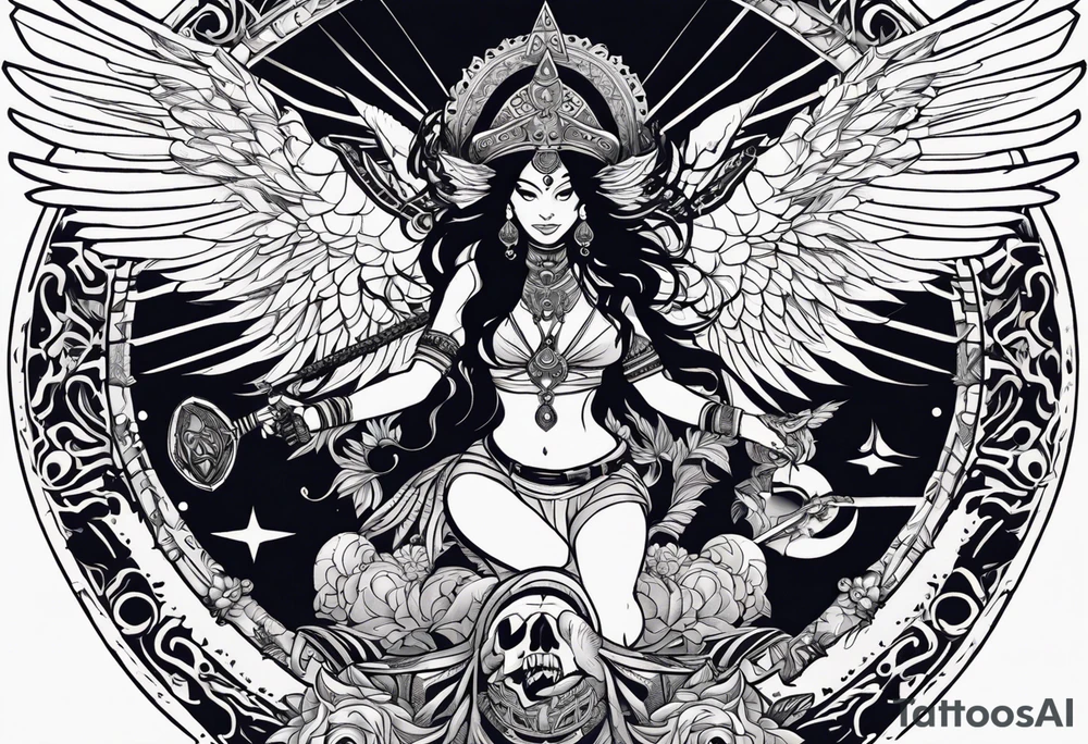 black kali, goddess pirate, alien, angel, pachamama, valkrye, warrior, flying, skull, lotus azul, wing, eagle, zenza resonance, stars, 5D, anahata chakra, death, durga, riding on a tiger, flying lady tattoo idea