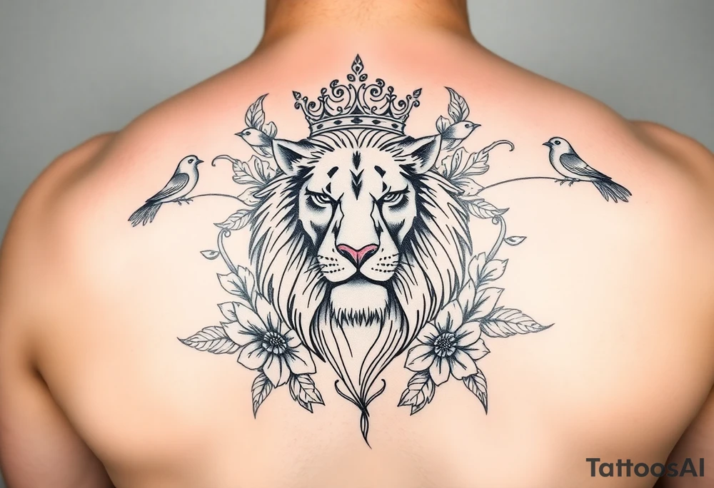 powerful majestic lion with a crown, surrounded by floral ornaments and birds tattoo idea